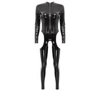 Aislor Body Stocking Femme Combinaison Body Catsuit Simili Cuir Verni Ouvert Entrejambe Wetlook Jumpsuit Bodycon Zip Sous-vêtement Costume Clubwear Type C Noir M