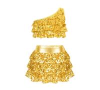 AISLOR Costume Danses Latines Enfant Filles Tenue Danses Latines Performance Une Épaule Gilet Avec Jupe-culotte Métallique