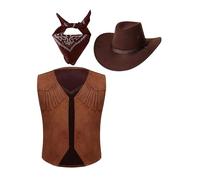 Aislor Costume D'halloween Enfant Fille Garçon Cowboy Chapeau Gilet Foulard Ensemble Déguisement Enfant Western Cowboy Cowgirl Carnaval Photographie Marron 5-6 ans