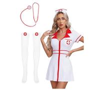 Aislor Déguisement Femme Infirmière Robe À Manches Courtes Avec Stéthoscope En Plastique Resille Bas Bandeau Halloween Club Nurse Cosplay Accessoires Blanc M