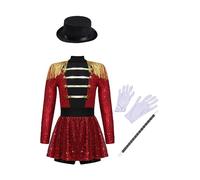 Aislor Enfant Déguisement Magicien Maître De Cirque Garcon Fille Costume Dompteur De Lions Cosplay Groupe De Tambours Fanfare Halloween Performance Magicien Rouge 13-14 ans