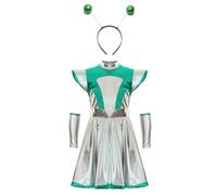 Aislor Enfant Fille Deguisement Alien Astronaute Costume Halloween Robe Métallique Argenté Avec Bandeau Carnaval Soirée Vert 13-14 ans