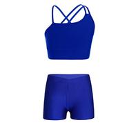 Aislor Enfant Fille Ensemble Danse Ballet Moderne Performance Crop Top Gilet Avec Short Sport Gym Tenue Pantalon Court Enfants Vêtements Danse Jazz Hip-Hop Sportswear Workout Bleu Royal 13-14 ans
