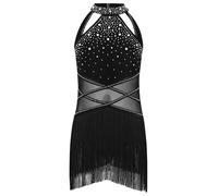 Aislor Enfant Fille Robe Danse Latine Jazz Rumba Salsa Tango Compétition Spectacle Scène Franges Strass Robe Ballet Danse Valse Dos Nu Noir 13-14 Ans