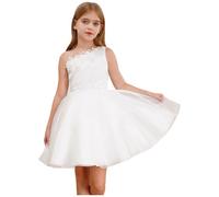 Aislor Enfant Robe Demoiselle d'honneur Mariage Fille Genou Robe À Une épaule Princesse Cocktail Anniversaires Chic Blanc 3-4 Ans