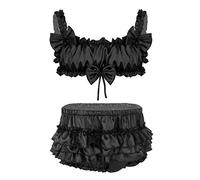 Aislor Ensemble Hommes Sissy Lingerie Soutien-gorge et String Bloomer Satin à Volants Froufrous Bowknot Haut Tops Culotte à Jupe à Plusieurs Niveaux M-XXL Noir L
