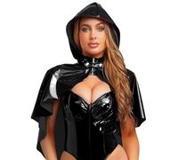 Aislor Femme Cape à Capuche Simili Cuir Brillant Boléro Courte Gothique Costume Cosplay Halloween Carnaval Mascarade Clubwear Noir Taille unique