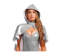 Aislor Femme Cape à Capuche Simili Cuir Brillant Boléro Courte Gothique Costume Cosplay Halloween Carnaval Mascarade Clubwear Argenté Taille unique