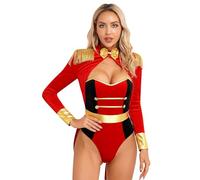 Aislor Femme Déguisement Dompteuse Cirque Clown Directeur Costume Ringmaster Carnaval Adulte Bodysuit Combinaison Halloween Noël Soirée à Thème Fête Rouge Or XL