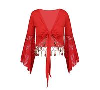 Aislor Femme Haut Danse Orientale à Paillettes Soutien-Gorge Danse de Ventre Chemisier Veste Tango Soirée Samba Carnaval Clubwear Performance Rouge 3XL