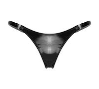 Aislor Femme Sexy Culottes Tanga Boucle en Coeur Cuir Verni String Stretch Slip Confort Visible T-Back Caleçon Bikini Plage Taille Basse Noir M