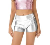 Aislor Femme Short de Danse Fitness Métallique Cuir Vernis Bermudas Décontractée Pantacourt Culotte Shorty Panty Cyclisme Sport Party Club Bottoms Argenté M