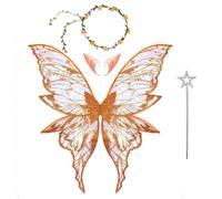 Aislor Femmes Ensemble Ailes De Papillon Baguettes Ailes De Fée Pour Adultes Oreilles D'elfe Enfant Ailes D'ange Fête D'anniversaire Carnaval Cosplay Orange Taille unique