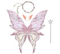 Aislor Femmes Ensemble Ailes De Papillon Baguettes Ailes De Fée Pour Adultes Oreilles D'elfe Enfant Ailes D'ange Fête D'anniversaire Carnaval Cosplay Rose Taille unique