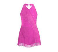 Aislor Fille Ballerine Robe Ballet Compétitions Enfant Tutu Robe Danse Latine Salsa Samba Tango Cha-cha Combinaison À Franges Strass Rose Vif 7-8 Ans