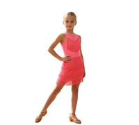 Aislor Fille Robe Danse Latine sans Manches pour Filles Brillante avec Tassels Robe Danse Cha Cha Latine Brillante avec Pompons pour Filles Rose 7-8 Ans