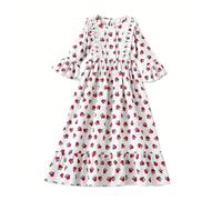 Aislor Fille Robe Décontractée Volante Col Rond Robe Midi en Forme A avec Manches Bouffantes Et Volants Volants pour Filles Vocation Blanc 8-9 Ans