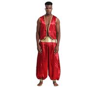Aislor Homme Deguisement Arabe Prince Ensemble Costume Danse Hip Hop Cosplay Halloween Pantalon Gilet Indien Arabe Bordeaux 4XL