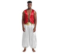 Aislor Homme Deguisement Arabe Prince Ensemble Costume Danse Hip Hop Cosplay Halloween Pantalon Gilet Indien Arabe Bordeaux Blanc XXL