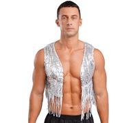 Aislor Homme Gilet Danse Disco Jazz Latine Festivals de Musique Débardeur Cardigan Cowboy Hippie Paillettes Franges Costume Disco Halloween Carnaval Argent XL