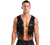 Aislor Homme Gilet Danse Disco Jazz Latine Festivals de Musique Débardeur Cardigan Cowboy Hippie Paillettes Franges Costume Disco Halloween Carnaval Noir M