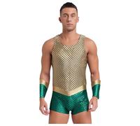 Aislor Hommes Adultes Costumes D'atlantide Uniformes Rôle De Sirène Cosplay Costume Du Dieu De La Mer Rave Combinaison Ajusté Brillant Métallique Unitard Or XL