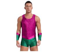 Aislor Hommes Adultes Costumes D'atlantide Uniformes Rôle De Sirène Cosplay Costume Du Dieu De La Mer Rave Combinaison Ajusté Brillant Métallique Unitard Rose vif 3XL