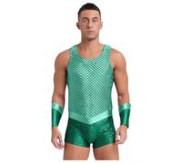 Aislor Hommes Adultes Costumes D'atlantide Uniformes Rôle De Sirène Cosplay Costume Du Dieu De La Mer Rave Combinaison Ajusté Brillant Métallique Unitard Vert XXL