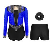 Aislor Justaucorps de Gymnastique 3 Pièces Enfant Leotard Ballet Danse avec Shorts et Bandeau Fille Ensemble Tenue Patinage Artistique Spectacle Bleu A 15-16 ans