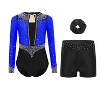 Aislor Justaucorps de Gymnastique 3 Pièces Enfant Leotard Ballet Danse avec Shorts et Bandeau Fille Ensemble Tenue Patinage Artistique Spectacle Bleu C 11-12 ans