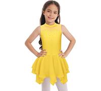 Aislor Justaucorps de Gymnastique pour Filles Mini Robe de Danse Ballet Tenue de Gym Patinage Enfant Diamant Strass Leotard Bodysuit sans Manches B-Jaune 5-6 Ans