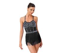 Aislor Justaucorps Gymanstique Femme Bretelle Robe Danse Latine Samba Salsa Tango Chacha Competition Spectacle Strass Franges Leotard Body Noir XL