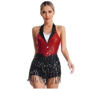 AISLOR Justaucorps Gymnastique - Costume Danse Latine Jazz pour Femmes - Combinaison Dos Nu à Franges Paillettes Scintillantes XXL