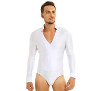 Aislor Justaucorps Homme Leotard Danse Latine Jazz Tango Rumba Strass T-Shirt Chemise Moulant Soirée Bal Club Transparent Bodysuit Dance Ballroom Blanc M