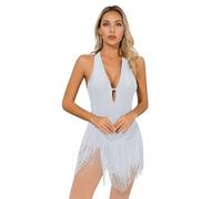 Aislor Micro Robe Danse Latine Jazz Femme Justaucorps Gymnastique Lyrique Competition Franges Body Danse Salon Rumba Salsa Chacha Tango Valse Dos Nu Jumpsuit Leotard Latin Blanc S