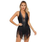 Aislor Micro Robe Danse Latine Jazz Femme Justaucorps Gymnastique Lyrique Competition Franges Body Danse Salon Rumba Salsa Chacha Tango Valse Dos Nu Jumpsuit Leotard Latin Noir S