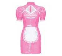 Aislor Nuisettes Deshabillés PU Femme Robe Bodycon French Maid Tenue Disco Rave Party Lingerie Adulte Wet Look Fête Costumée Cosplay Rose vif XXL