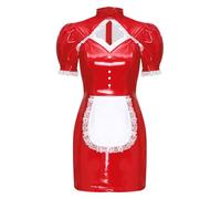 Aislor Nuisettes Deshabillés PU Femme Robe Bodycon French Maid Tenue Disco Rave Party Lingerie Adulte Wet Look Fête Costumée Cosplay Rouge S