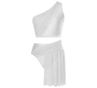 Aislor Robe Danse Lyrique Salsa Femme Ensemble Costume Danse Latin Jazz Rythmique Jupe Slip et Crop Top Patinage Danse Moderne Dancewear Blanc M