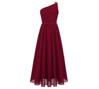 Aislor Robe de Cérémonie Cocktail Enfant Fille Robe de Soirée Asymétrique Epaule Robes de Mariage Honneur Fête Broderie Formelle Jupe Plissée Décontractée Rouge 13-14 Ans