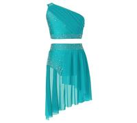 Aislor Robe de Danse Lyrique Enfant Ensemble Jupe Haute Dance Latine Jazz Costume Danses Moderne Fille Tenue Patinage Danse Compétition Performance Bleu Vert 11-12 Ans