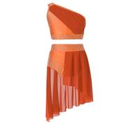 Aislor Robe de Danse Lyrique Enfant Ensemble Jupe Haute Dance Latine Jazz Costume Danses Moderne Fille Tenue Patinage Danse Compétition Performance Orange 13-14 Ans