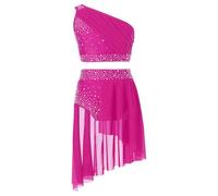 Aislor Robe de Danse Lyrique Enfant Ensemble Jupe Haute Dance Latine Jazz Costume Danses Moderne Fille Tenue Patinage Danse Compétition Performance Rose Vif 13-14 Ans