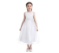 Aislor Robe de Mariage Mariée Enfant Fille Robe de Cérémonie Soiree avec Ceinture Strass Robe Formelle Séance Photo Fête Fille Blanc 14 Ans