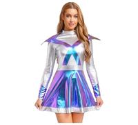 Aislor Robe Métallique Manches Longues Pour Femme Alien Robe Costume Extraterrestre Astronaute Spatiale Déguisement Halloween Bleu M