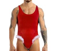Aislor Salopettes Homme Noël Body Boxer Shorts Déguisement Père Noël Tuxedo Débardeur Chapeau de Noël Jockstrap String Slip Velours Costume Clubwear Y Rouge XXL