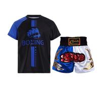 Aislor Vêtements Arts Martiaux Enfant Garçon Ensemble T-Shirt Short de Boxe Muay Thai Kickboxing Compétition Bleu Blanc 7-8 Ans