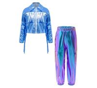 Aislor Vêtements de Danse de Rue Enfant Tenue Danse Jazz Fille Costume Danse Moderne Hip-hop Brillant Veste + Pantalon Cargo Streetwear Bleu 15-16 ans