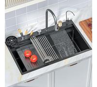AISNXOQI Grand évier de Cuisine en Acier Inoxydable, 86/100x52cm, évier à Cascade de Pluie Volante caché avec Porte-Couteau et Divers Accessoires