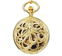 AISNXOQI Montre de Poche mécanique Pieuvre en Or, Squelette Steampunk, Horloge à Rabat à Vent Manuel avec chaîne, Collection pour Hommes et Femmes